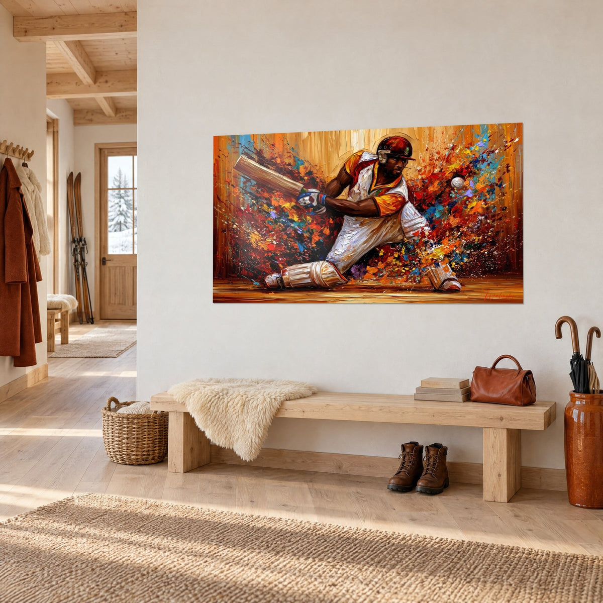 Quadro di un battitore con il ginocchio piegato, parastinchi bianchi e casco bordeaux, schizzi turchesi, in un ingresso in legno chiaro di chalet