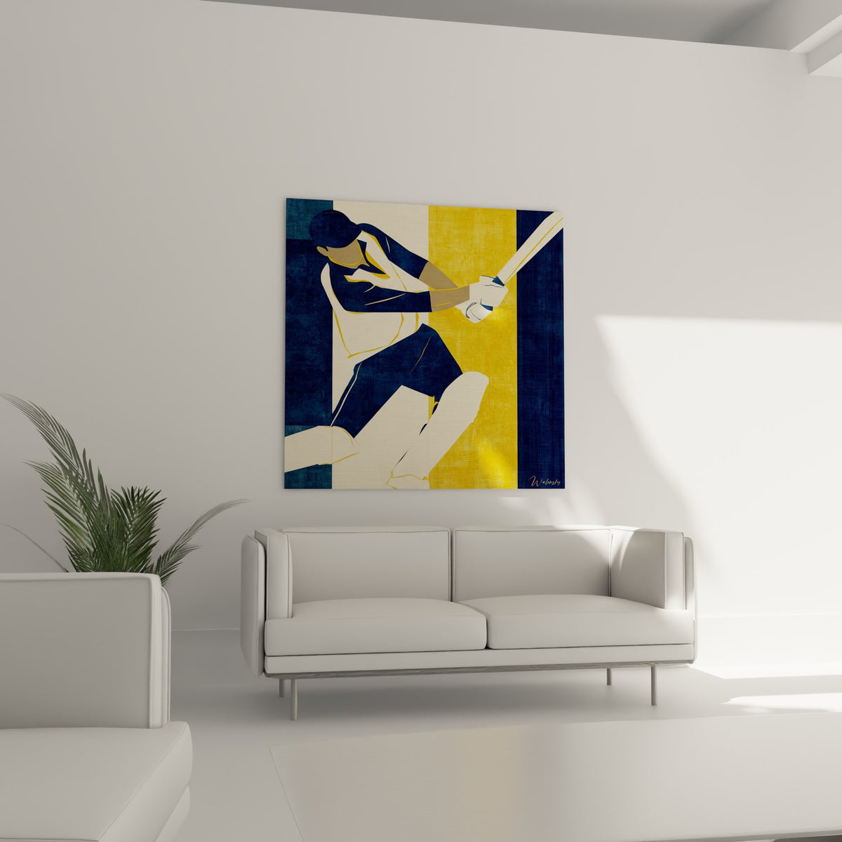 Silhouette sportive de cricket en tons bleu marine et doré, disposée au-dessus d'un canapé dans un salon lumineux