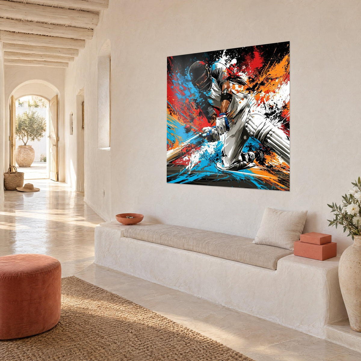 Tableau joueur de cricket fléchi sur le genou, gants blancs, balle rouge et jets orange, mur crème d'une maison méditerranéenne