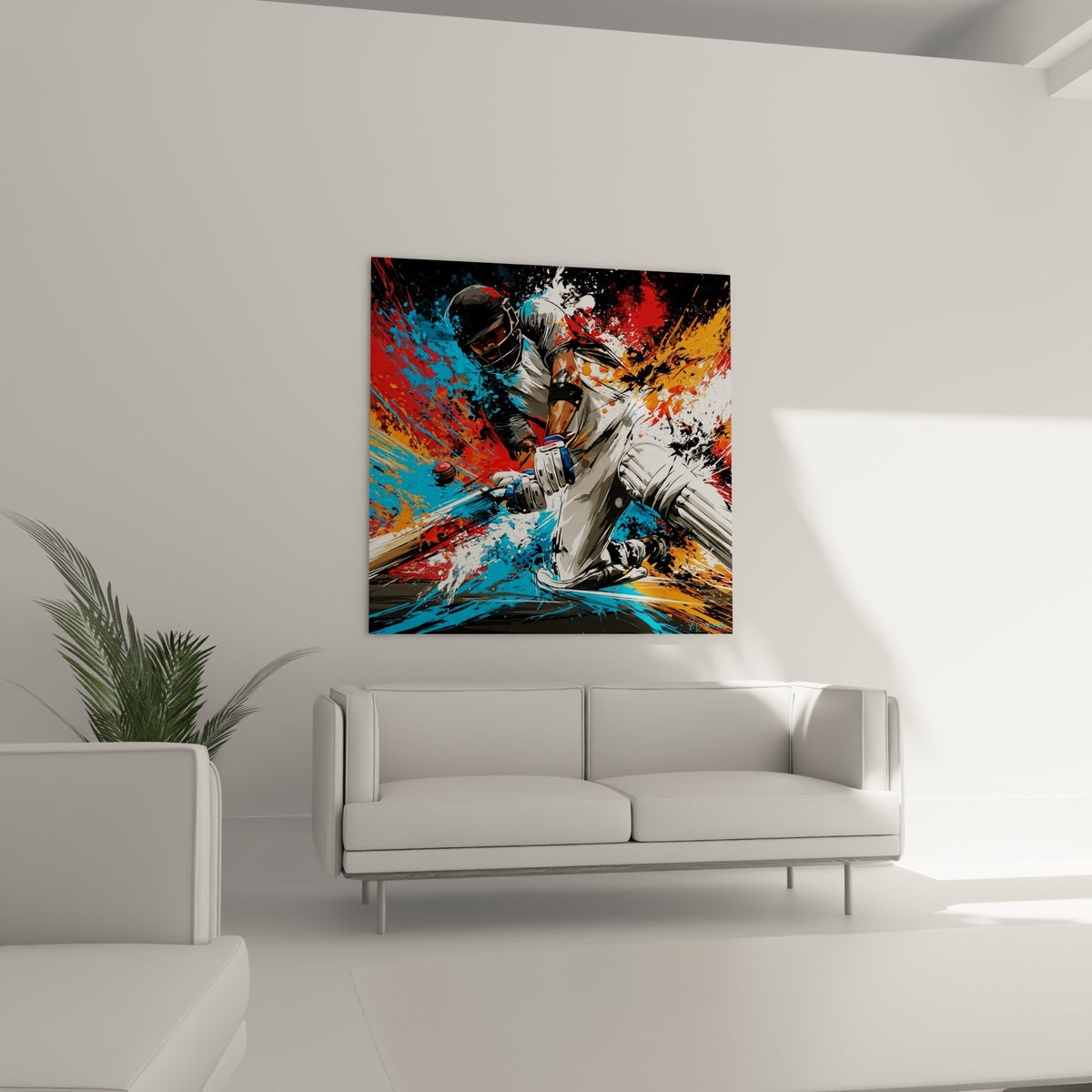 Sportif en action avec batte et gants bleus, touches orange et blanches, au-dessus d'un canapé dans un salon lumineux