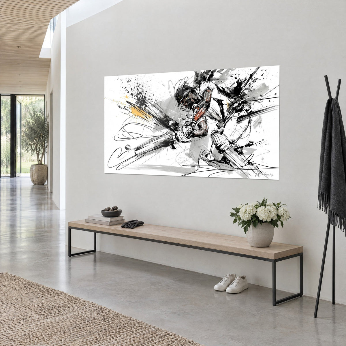 Tableau joueur de cricket en pleine frappe, traits d'encre noire, lavis gris et tache ocre, mur blanc au-dessus d'un banc en bois
