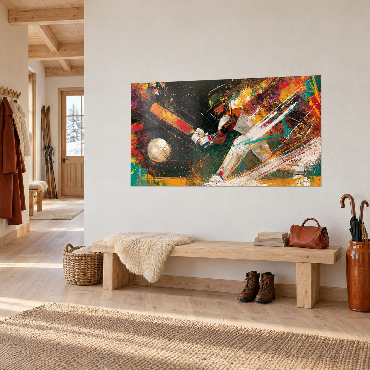 Quadro giocatore slanciato in divisa bianca, mazza arancione e palla avorio su fondo nero e turchese, parete color crema di uno chalet
