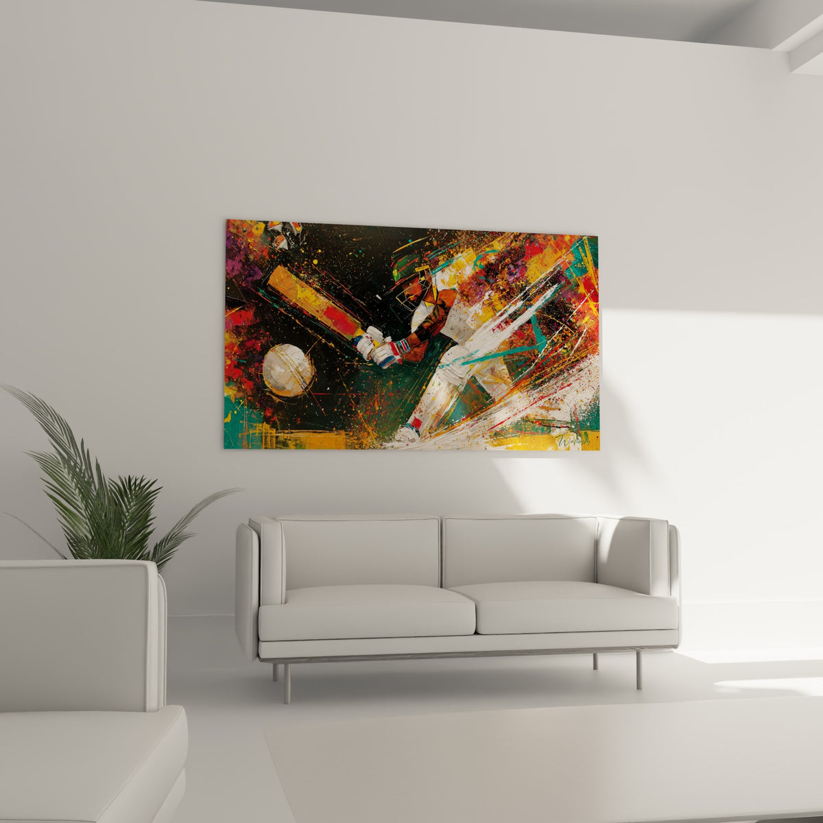 Frappe intense saisie sur toile, tableau Cricket terracotta et vert au-dessus d'un canapé dans un salon lumineux