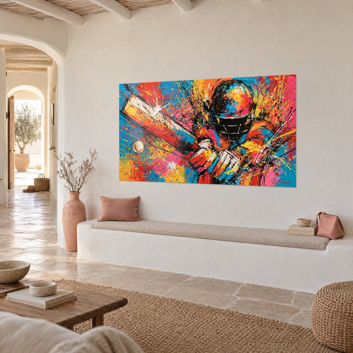 Tableau joueur de cricket au casque noir, éclats turquoise et rose, balle crème en bas à gauche, dans une maison méditerranéenne