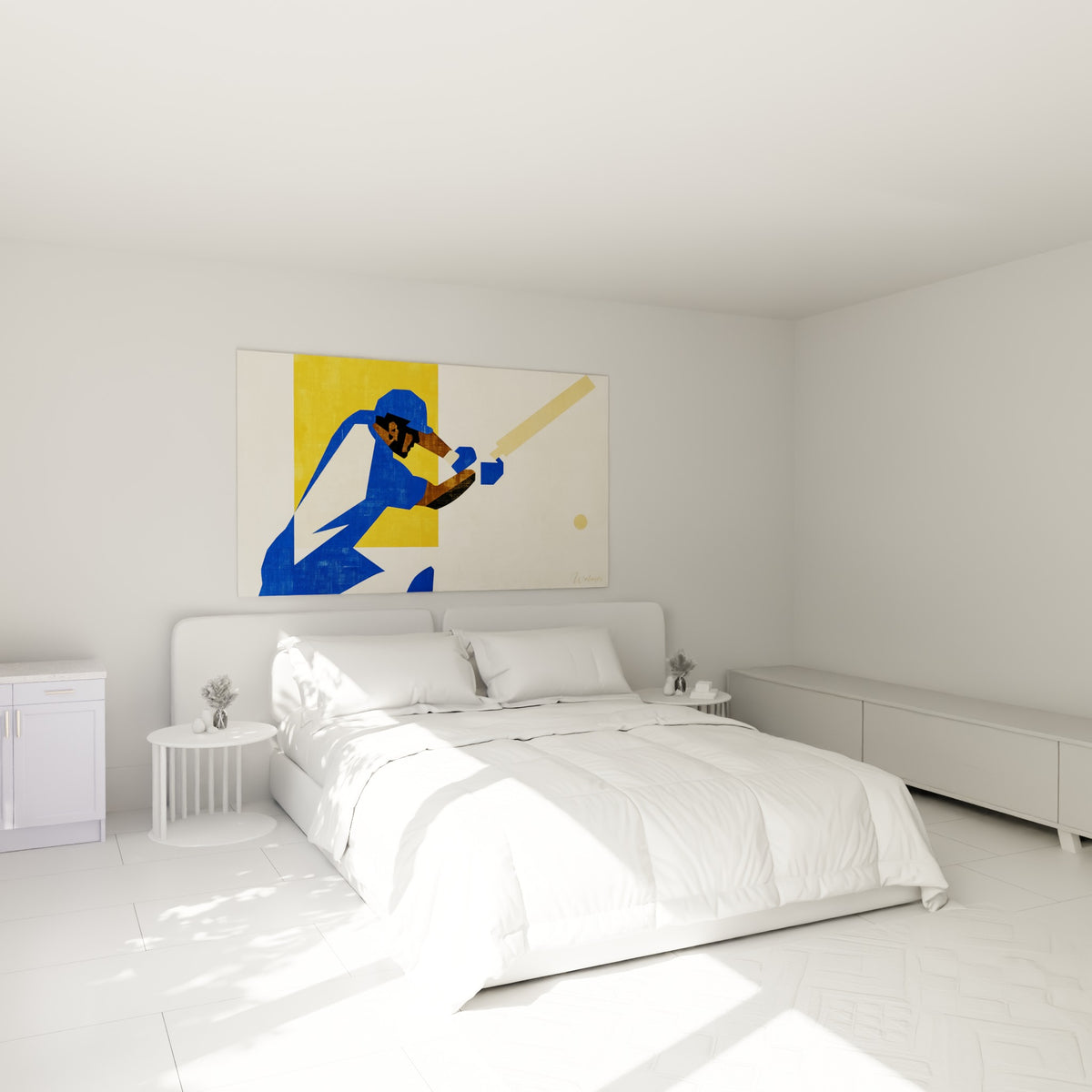 Joueur de cricket bleu et beige en plein geste, accroché au-dessus d'un lit dans une chambre claire