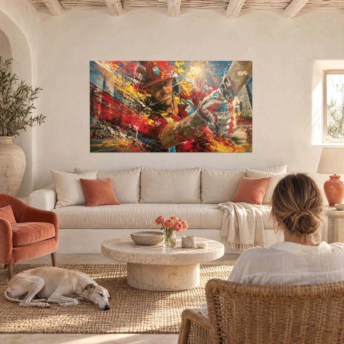 Quadro battitore con casco rosso e oro, schizzi di colore, un levriero sdraiato, sopra un divano in un soggiorno luminoso