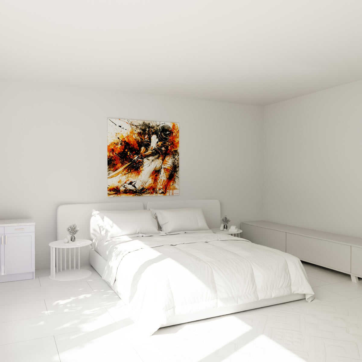 Joueur de cricket en pleine action, tons orange et anthracite, au-dessus d'un lit dans une chambre claire