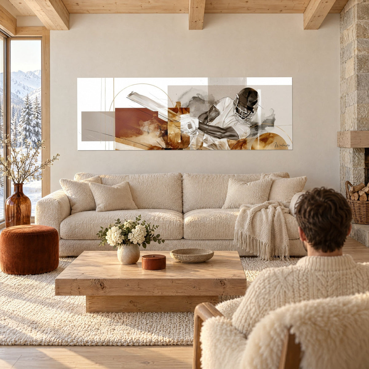 Tableau batteur de cricket casqué, maillot blanc et ombre brune, cercle doré, couple de dos au-dessus d'un canapé dans un salon lumineux