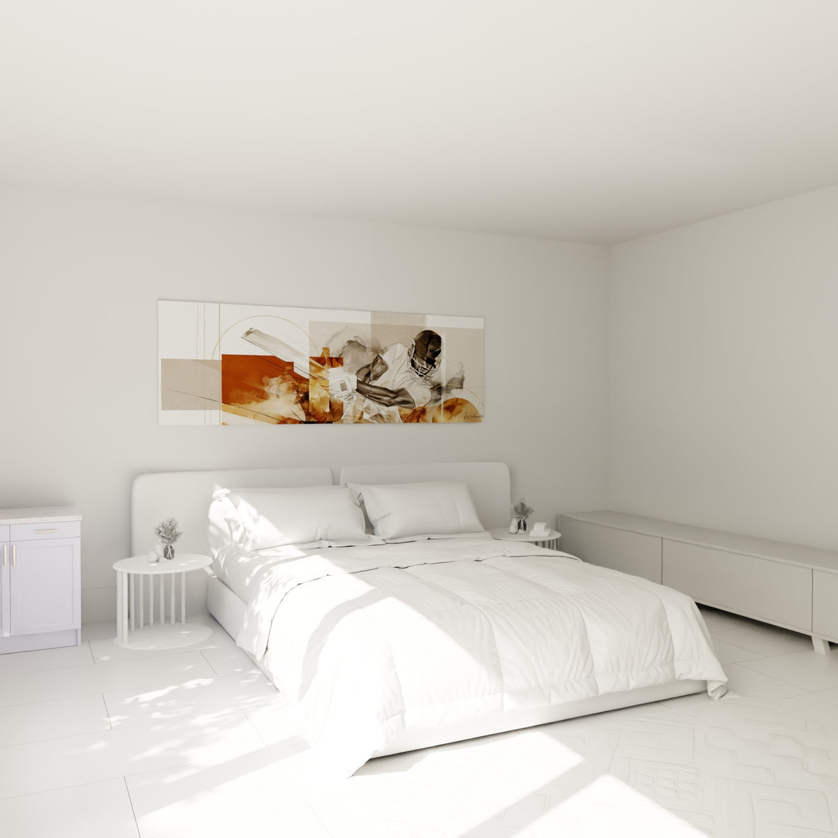Joueur de cricket ocre et gris au-dessus d'un lit dans une chambre claire
