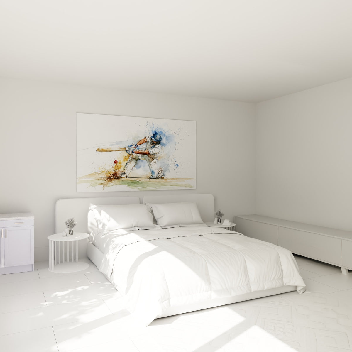 Joueur de cricket casqué de bleu en plein élan, au-dessus d'un lit dans une chambre claire