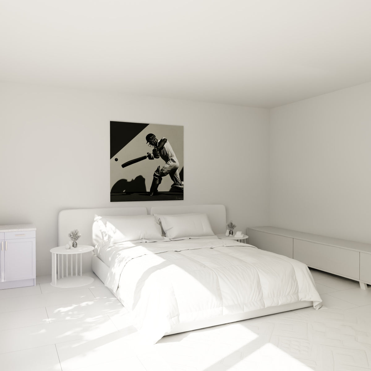 Joueur figé en plein geste, tons gris et blanc, au-dessus d'un lit dans une chambre claire