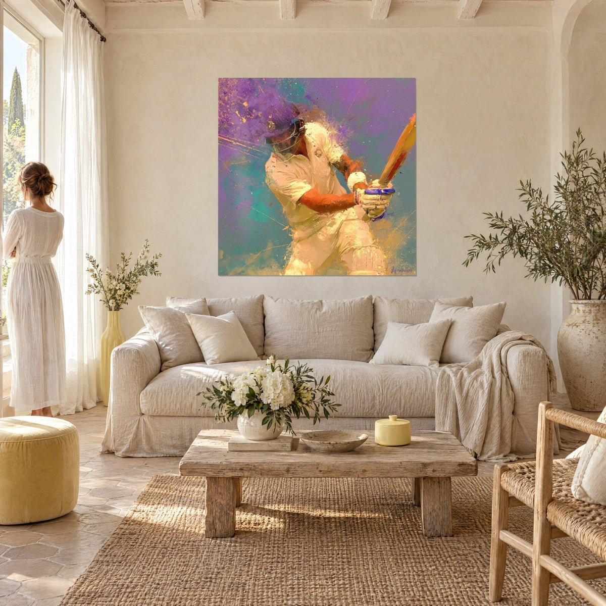 Wall art batsman in a helmet mid-swing, ivory shirt and violet splashes, a woman seen from behind above a sofa in a bright living room