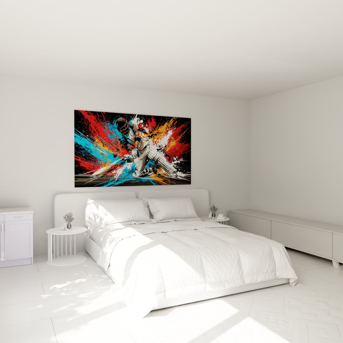 Joueur de cricket casqué frappant la balle, tons rouge et bleu, au-dessus d'un lit dans une chambre claire.