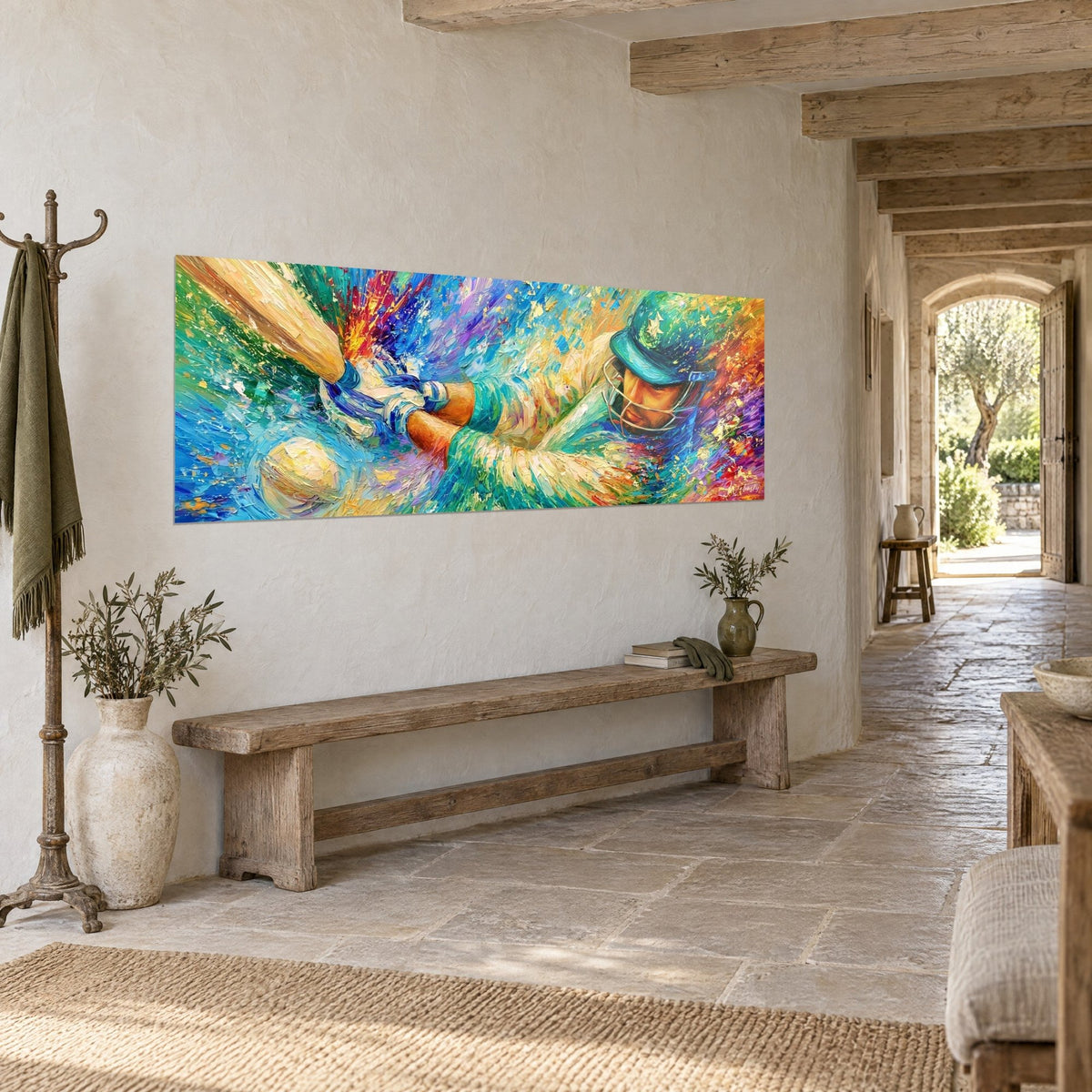 Quadro di battitore con casco turchese stellato, mazze di legno chiaro e schizzi rossi e viola, corridoio in pietra a volta