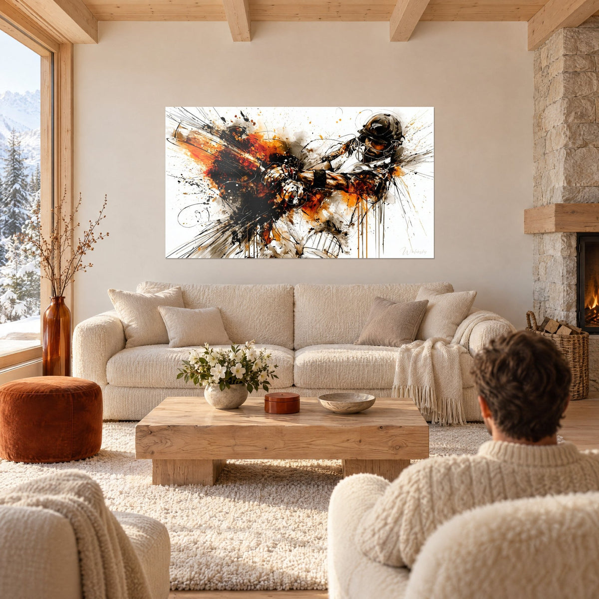Quadro di un giocatore di cricket con casco in pieno swing, schizzi arancioni e neri, sopra un divano in un soggiorno luminoso