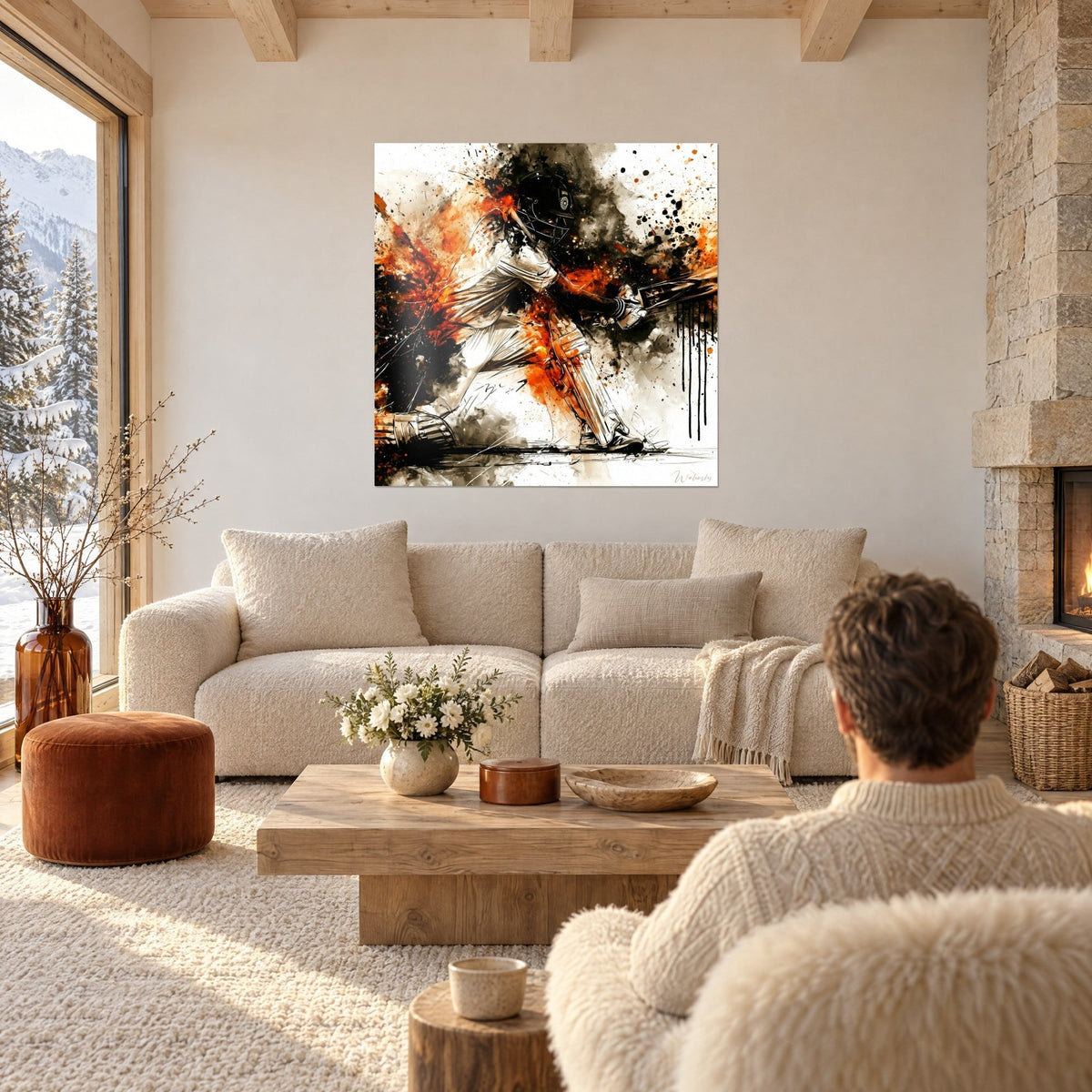 Tableau joueur de cricket en pleine frappe, tenue blanche et éclaboussures orange, au-dessus d'un canapé dans un salon lumineux