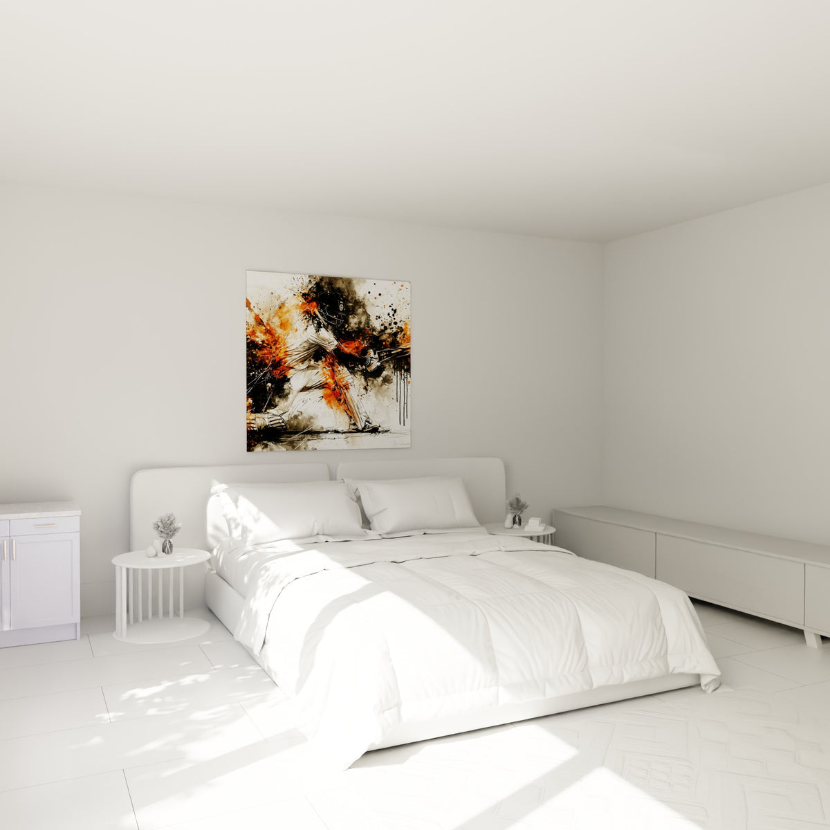 Frappeur cricket vêtu de blanc, taches orange et noires, au-dessus d'un lit dans une chambre claire
