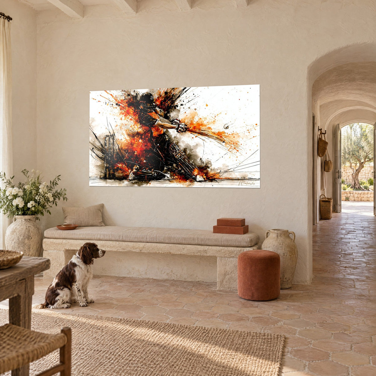 Wall art of a crouching cricket player, black helmet and vivid orange ink, a sitting spaniel on the tiles of a Provençal farmhouse