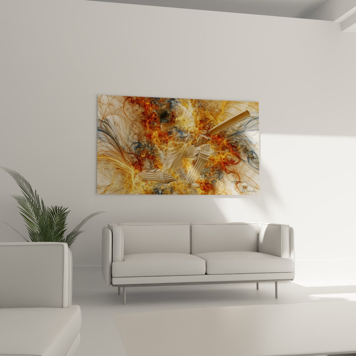 Joueur enflammé aux couleurs ocre et anthracite au-dessus d'un canapé dans un salon lumineux