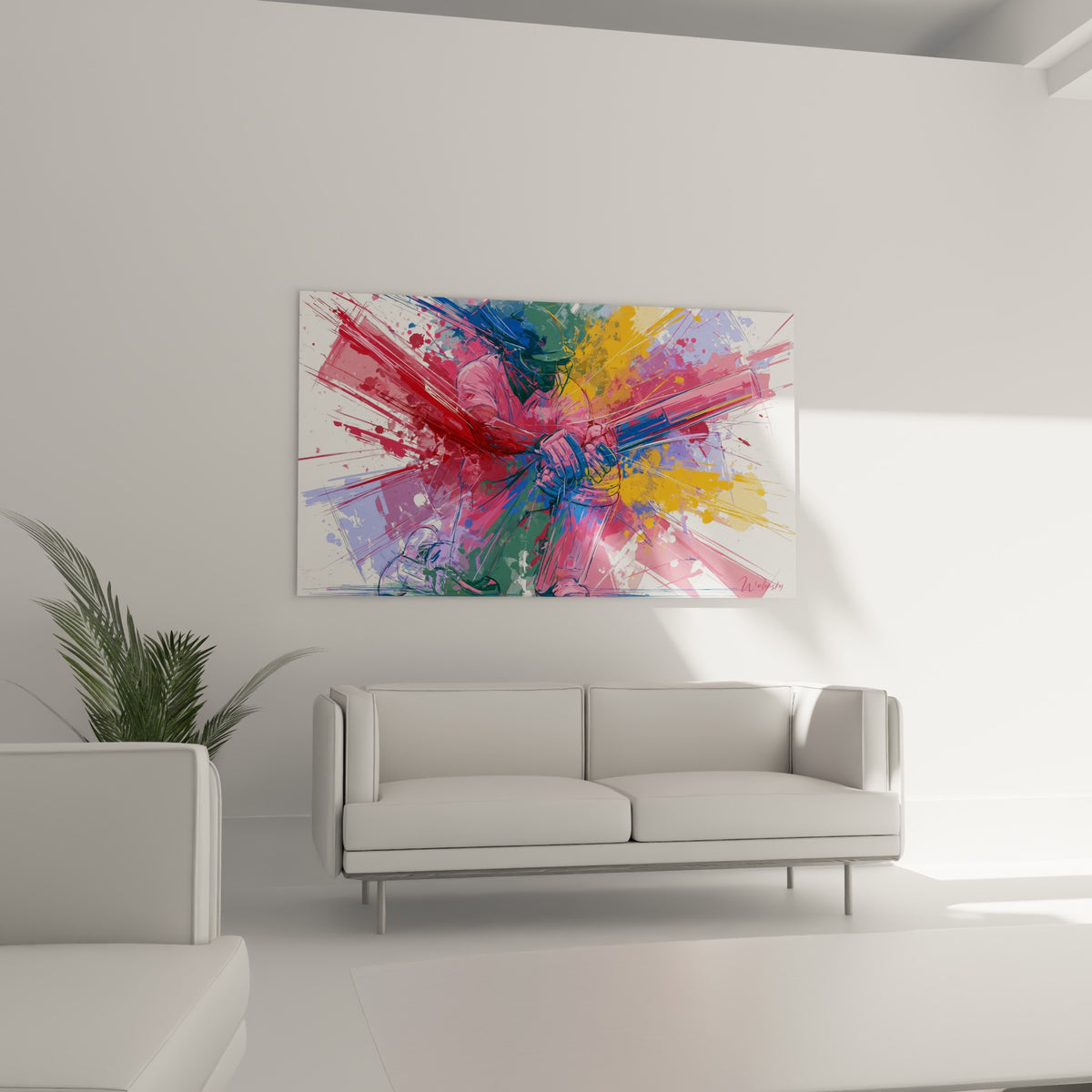 Joueur de cricket en rose fuchsia et bleu marine, batte serrée à deux mains, au-dessus d'un canapé dans un salon lumineux