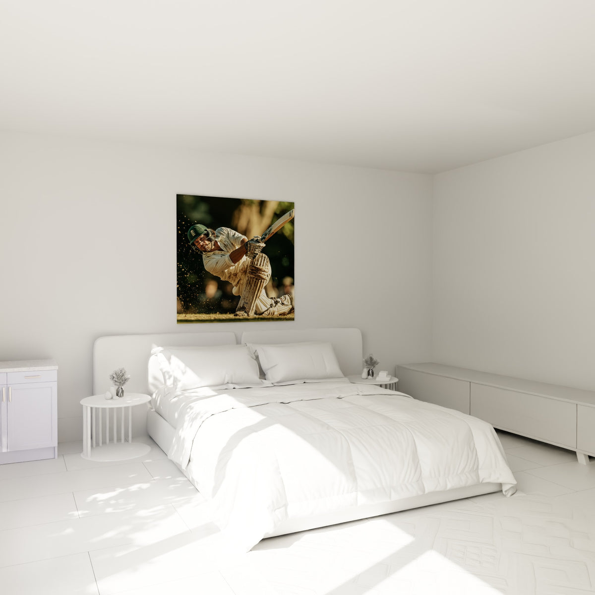 Joueur agenouillé en tenue blanche accroché au-dessus d'un lit dans une chambre claire