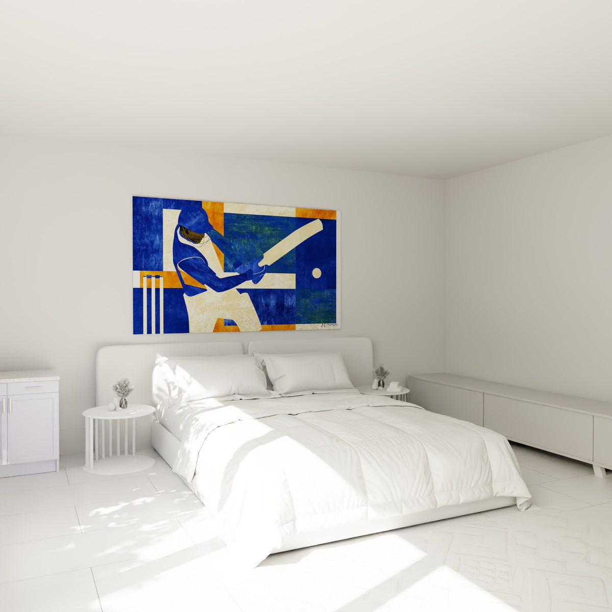 Joueur de cricket stylisé aux teintes bleu marine et ocre, accroché au-dessus d'un lit dans une chambre claire