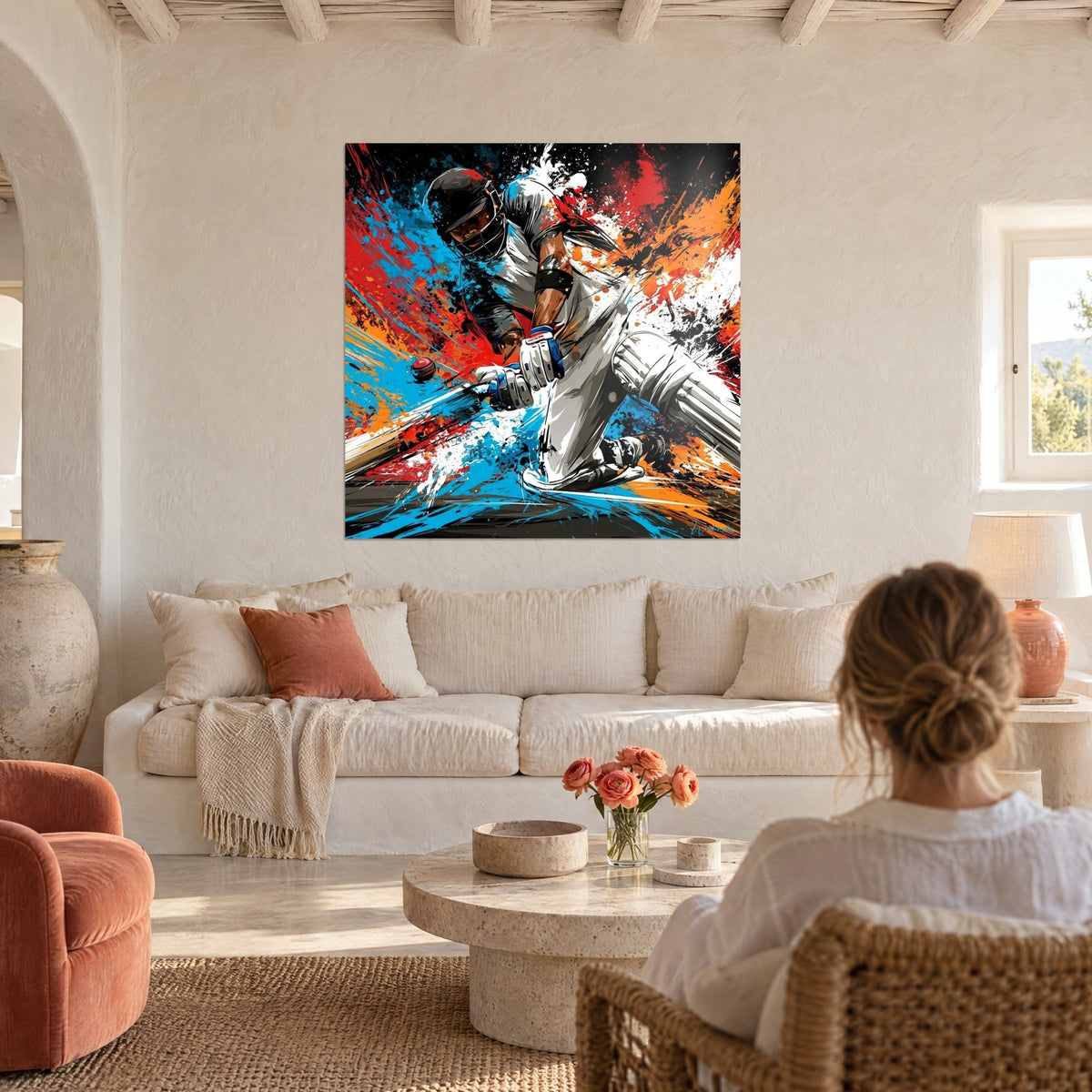 Tableau batteur de cricket en casque noir, éclaboussures bleu azur et rouge vif, au-dessus d'un canapé dans un salon lumineux
