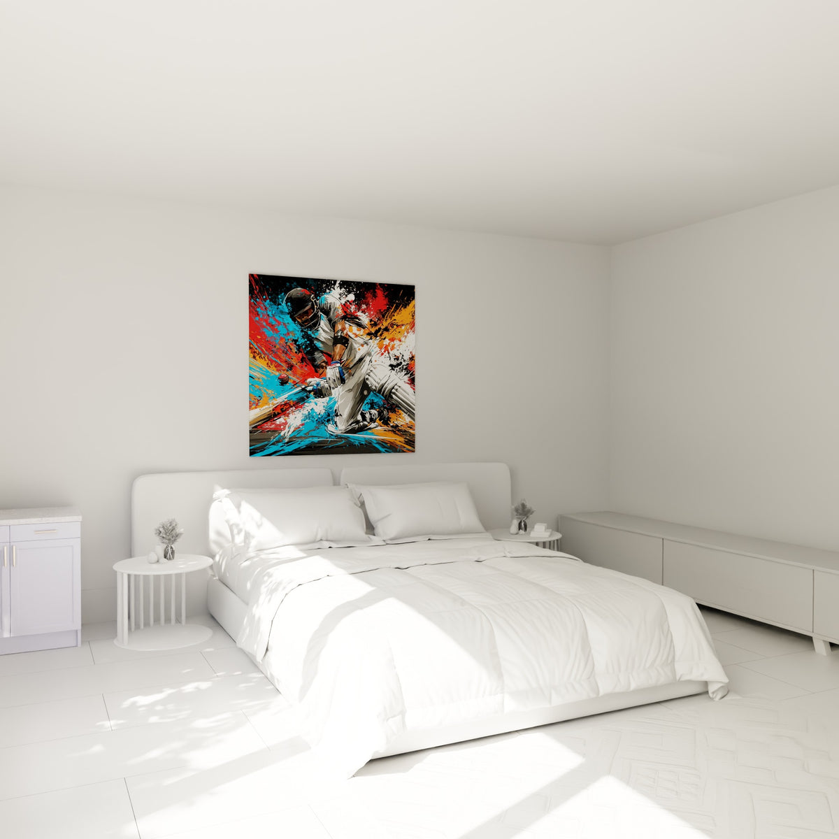 Joueur de cricket en plein élan, tons bleu et rouge éclatés, accroché au-dessus d'un lit dans une chambre claire