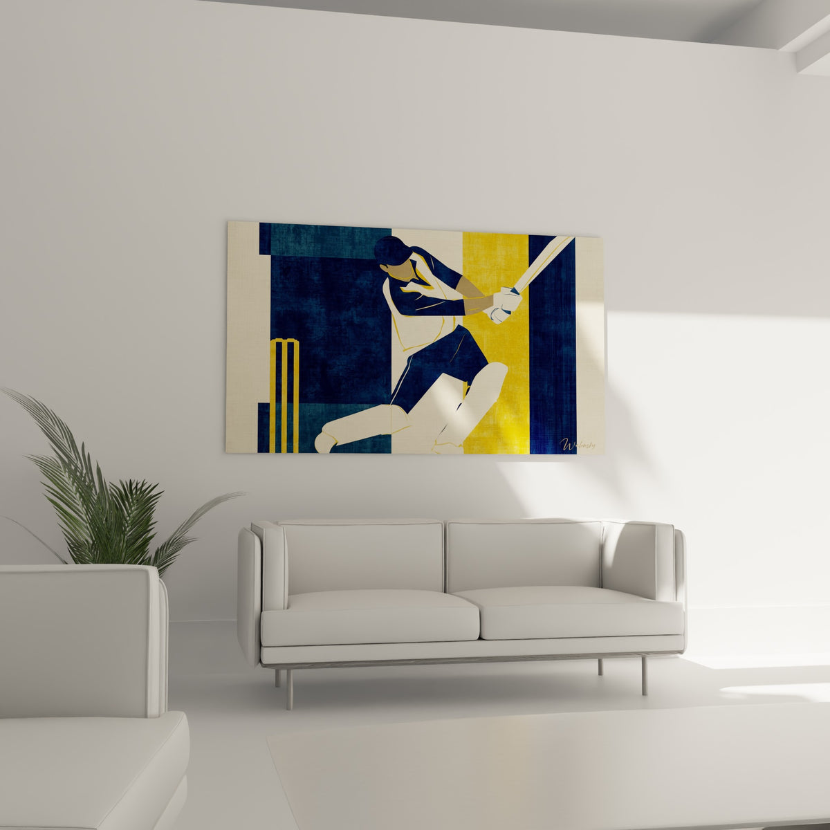 Joueur de cricket stylisé en bleu marine et jaune, guichets jaunes visibles, au-dessus d'un canapé dans un salon lumineux