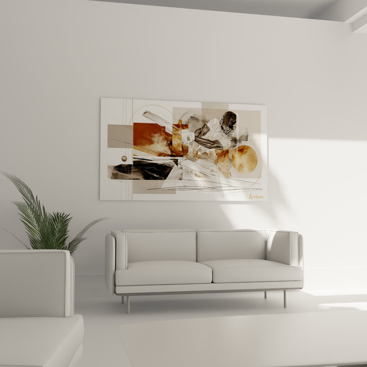 Joueur en plein élan, mélange d'encre noire et d'aquarelle ocre, au-dessus d'un canapé dans un salon lumineux