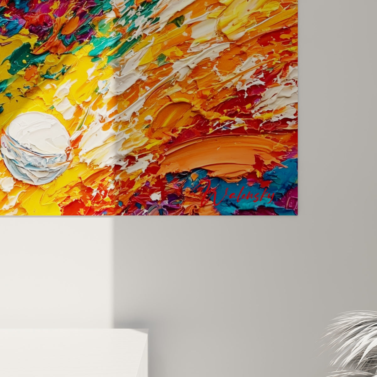 Empâtements épais de peinture orange et turquoise révélant le grain du couteau sur ce tableau Cricket accroché