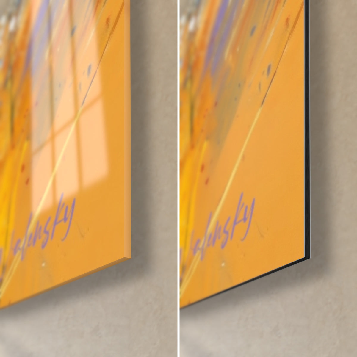 Wall art cricket batsman with ochre splashes, bottom right corner: glossy acrylic glass with reflections, matte black Dibond aluminium