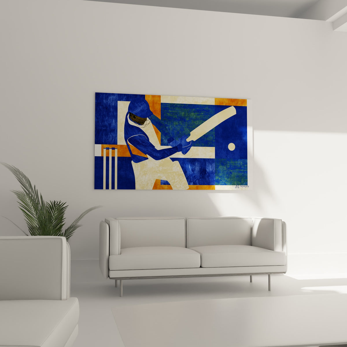 Silhouette de batteur casqué en bleu et doré, positionnée au-dessus d'un canapé dans un salon lumineux