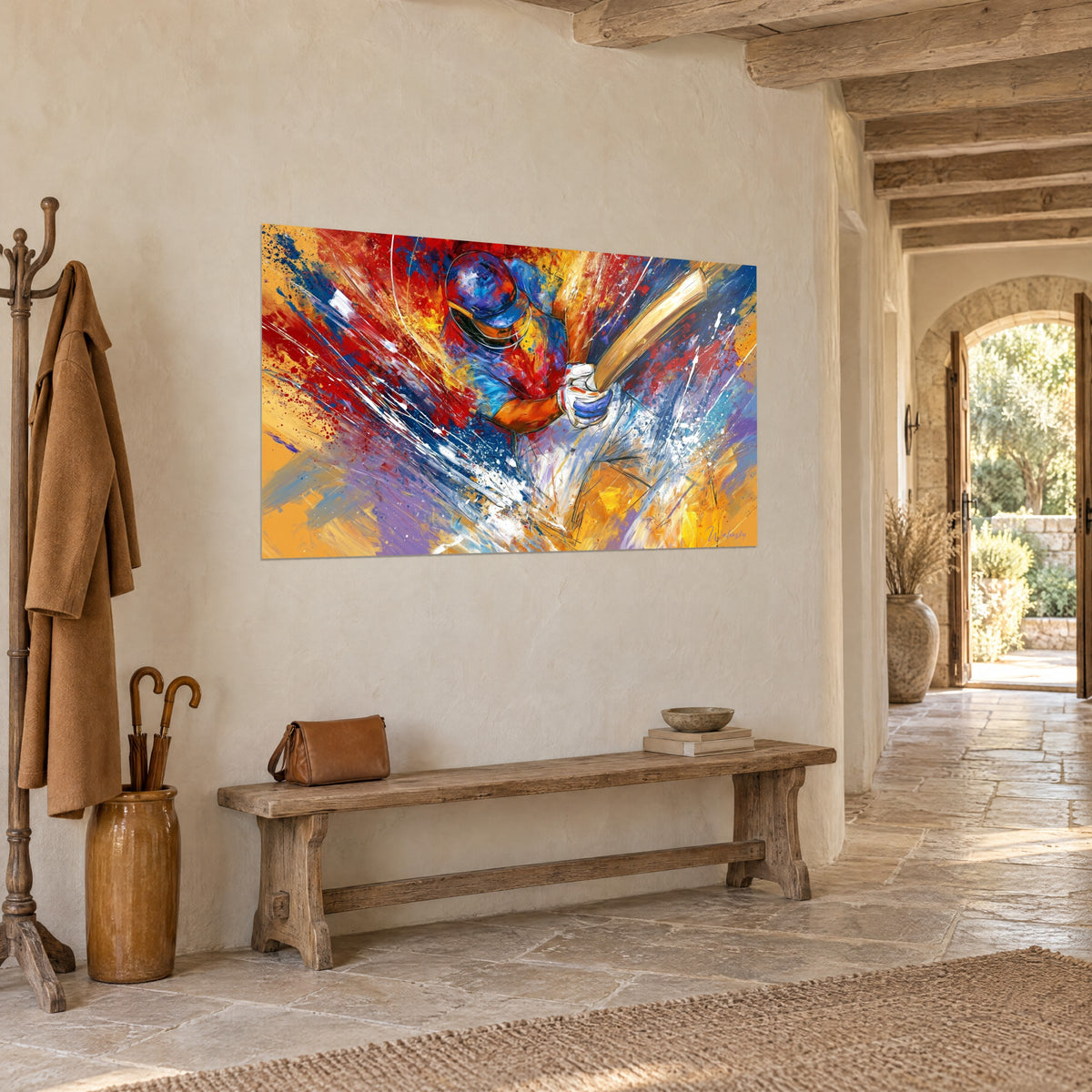Wall art batter in blue helmet and white gloves, blazing red, ochre yellow, diagonal strokes, in a stone hallway