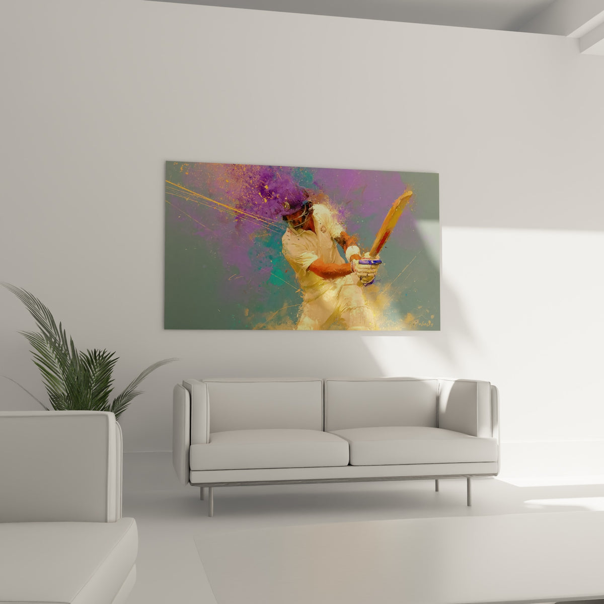 Sportif de Cricket doré et bleu pastel figé dans l'action, au-dessus d'un canapé dans un salon lumineux