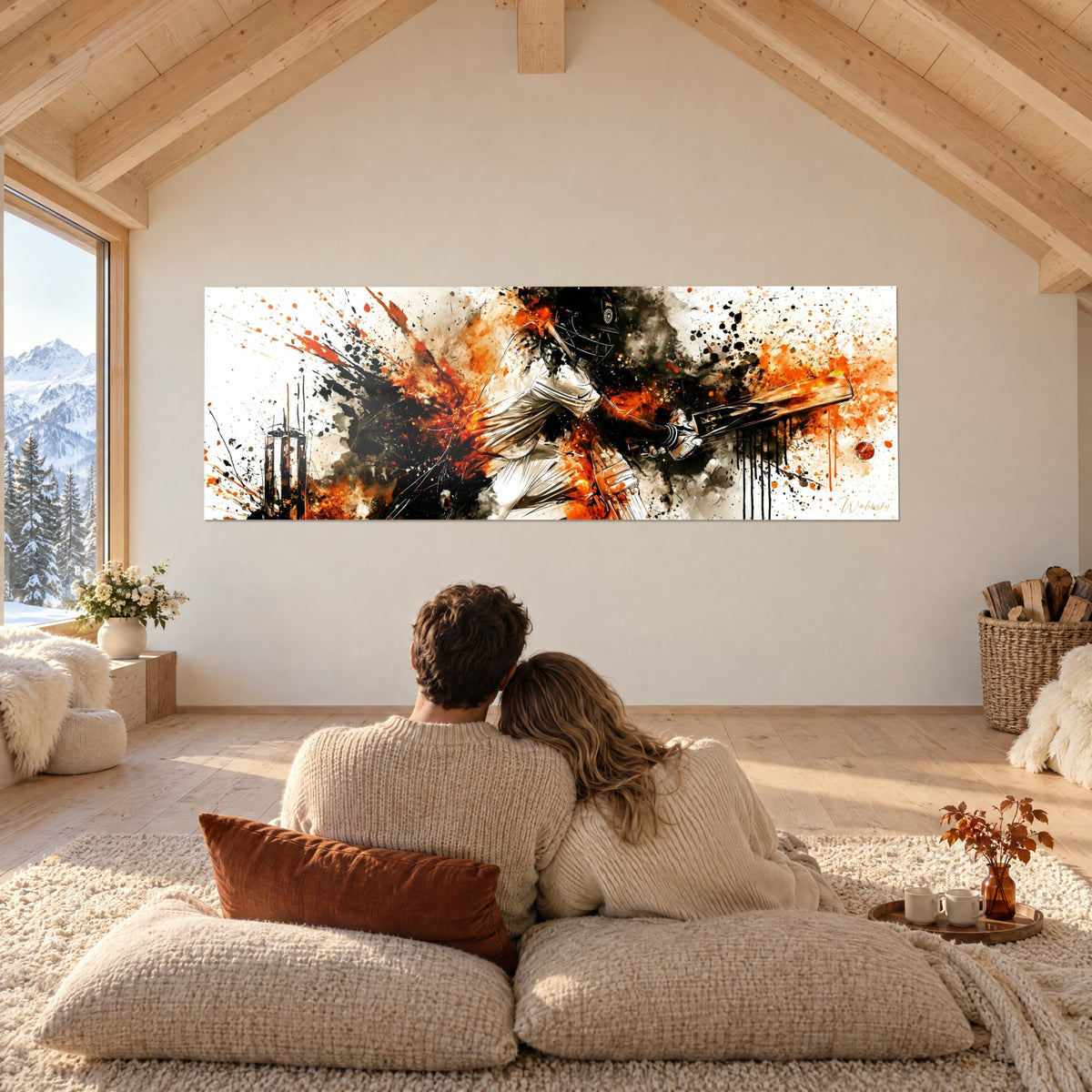 Wall art bat swing in motion, orange drops and black stains on white, red ball, on the wall of a chalet mezzanine