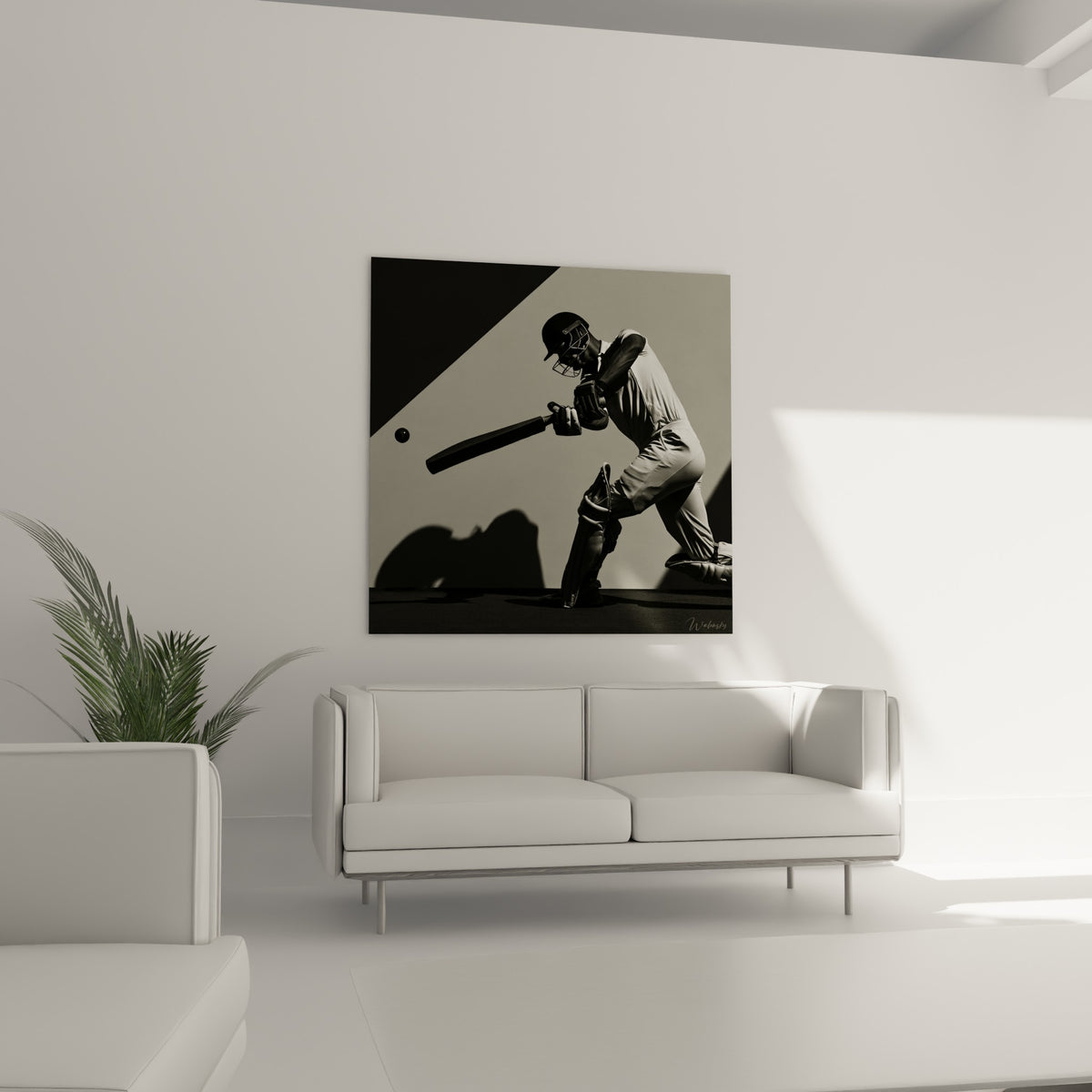 Sportif en tenue immaculée et casque sombre, au-dessus d'un canapé dans un salon lumineux