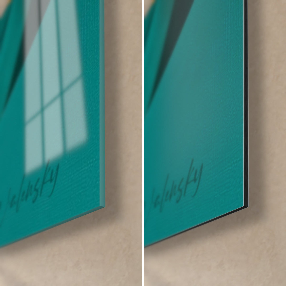 Tableau frappeur de cricket, coin bas droit : verre acrylique brillant turquoise à gauche, Dibond mat à droite, tranche noire