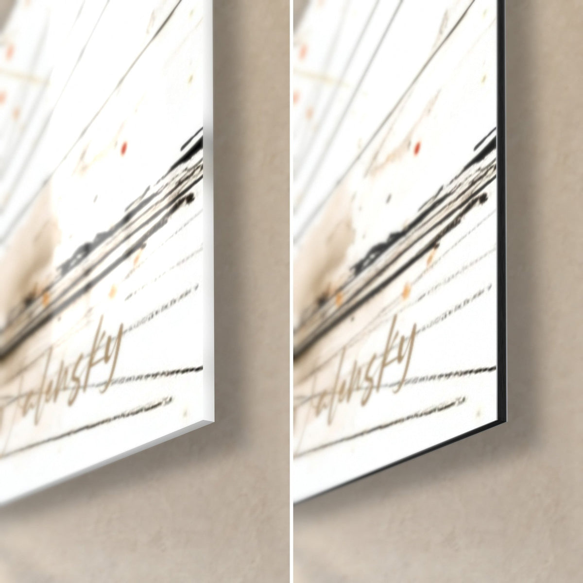 Wall art of an orange and black cricket batter, bottom right corner, glossy acrylic glass on the left, matt brushed Dibond aluminium on the right
