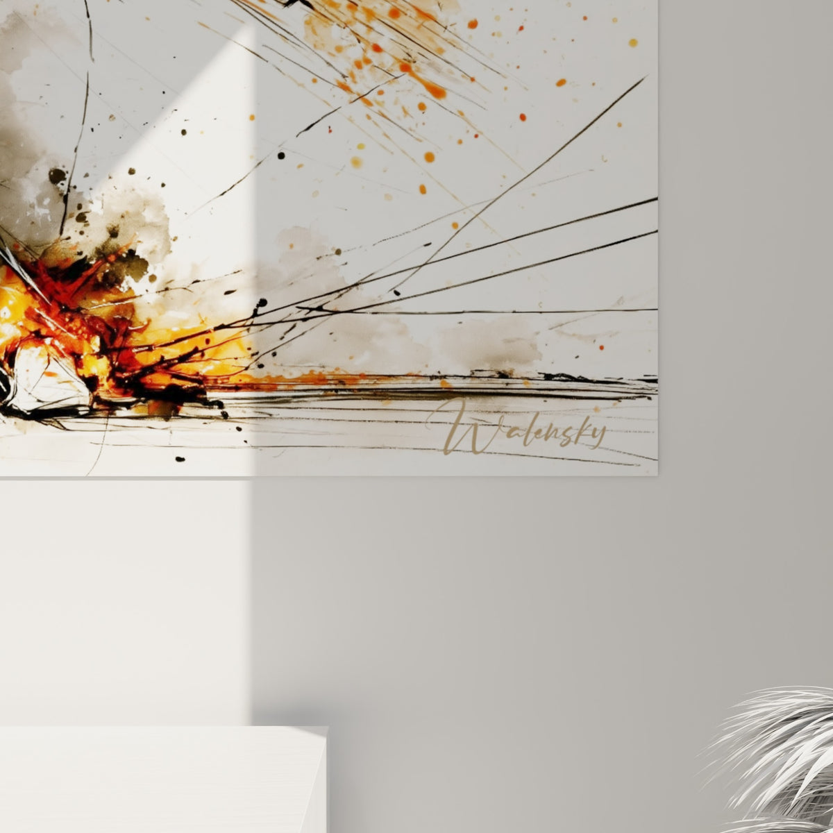 Empâtements orange et noirs, coulures d'aquarelle et grain de toile visibles sur ce tableau cricket accroché