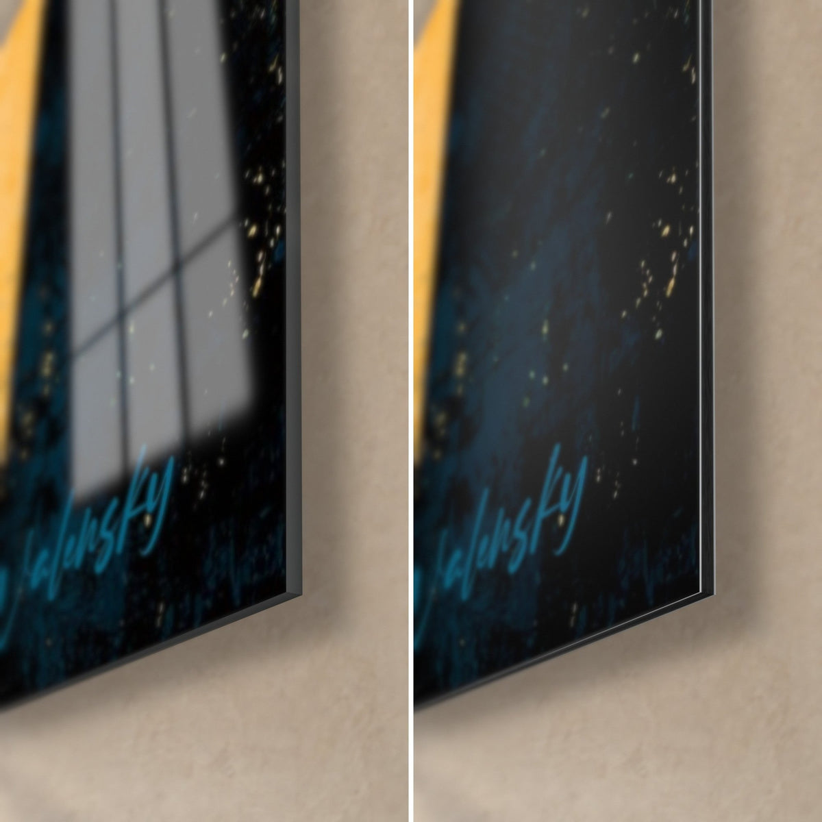 Gemälde Cricket-Schlagmann, untere rechte Ecke: glänzendes Glas mit Fensterspiegelungen, mattes Dibond-Aluminium, 3 mm Kante, türkisblaue Signatur