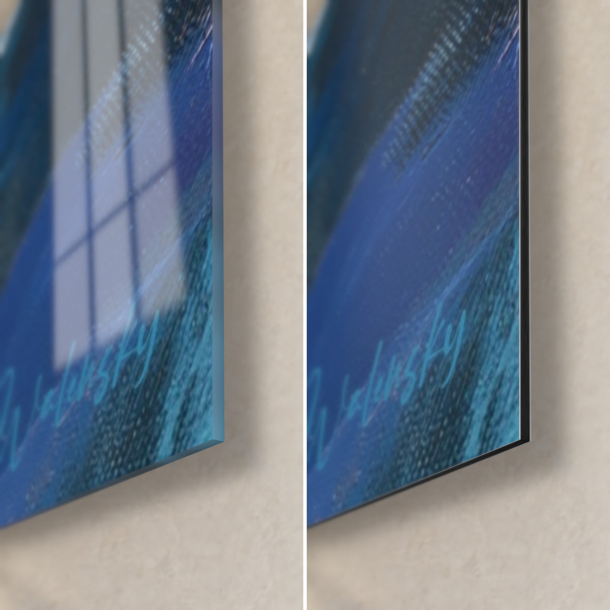 Wall art of a helmeted cricketer, bottom right corner: glossy cobalt blue glass on the left, matte black Dibond on the right, 3 mm edge