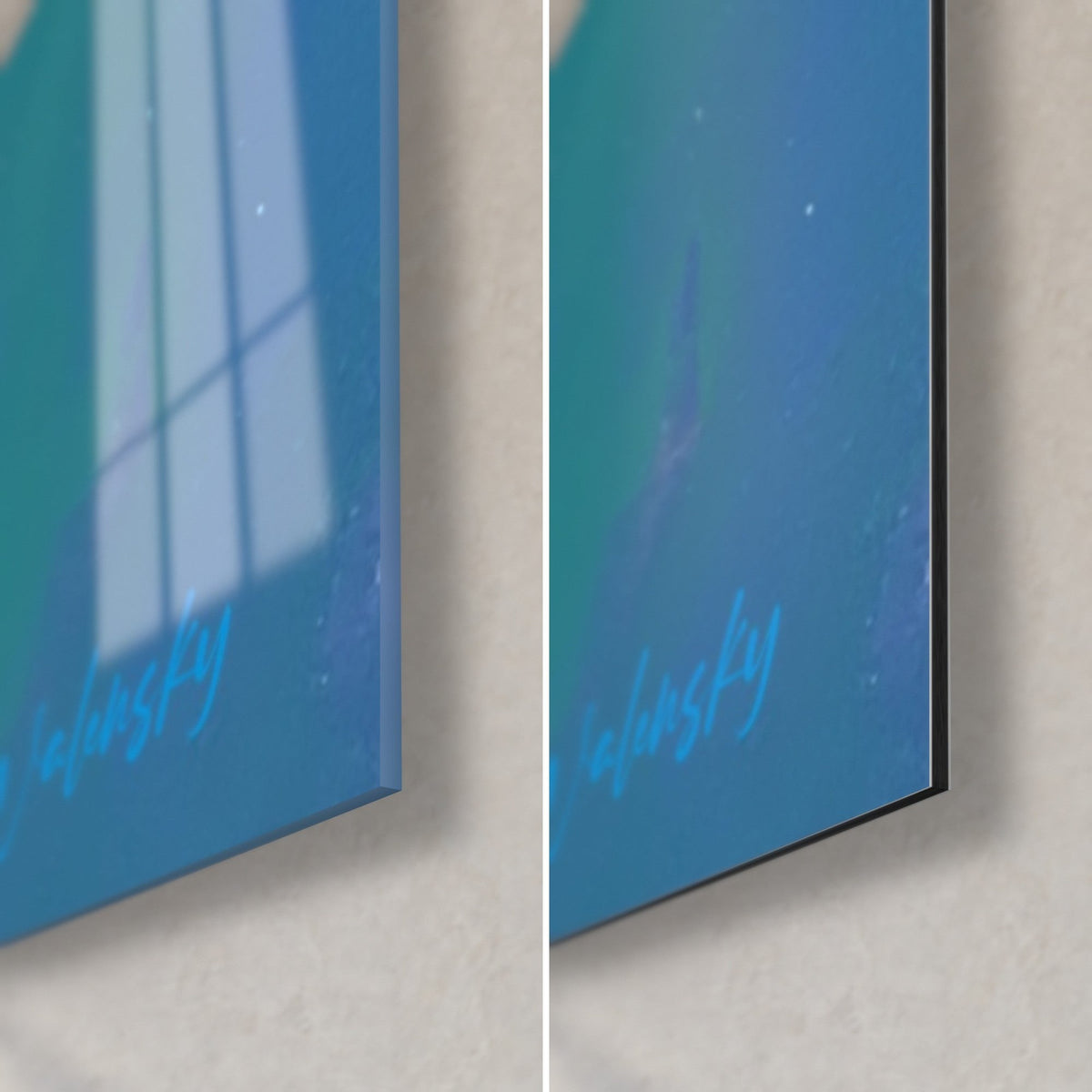 Tableau frappeur de cricket en peinture turquoise, coin bas droit : verre acrylique brillant à gauche, Dibond mat noir à droite