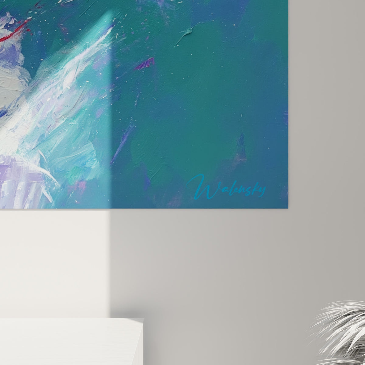 Empâtements épais du tableau cricket, coulures rouges et turquoise se mêlant sur la toile texturée