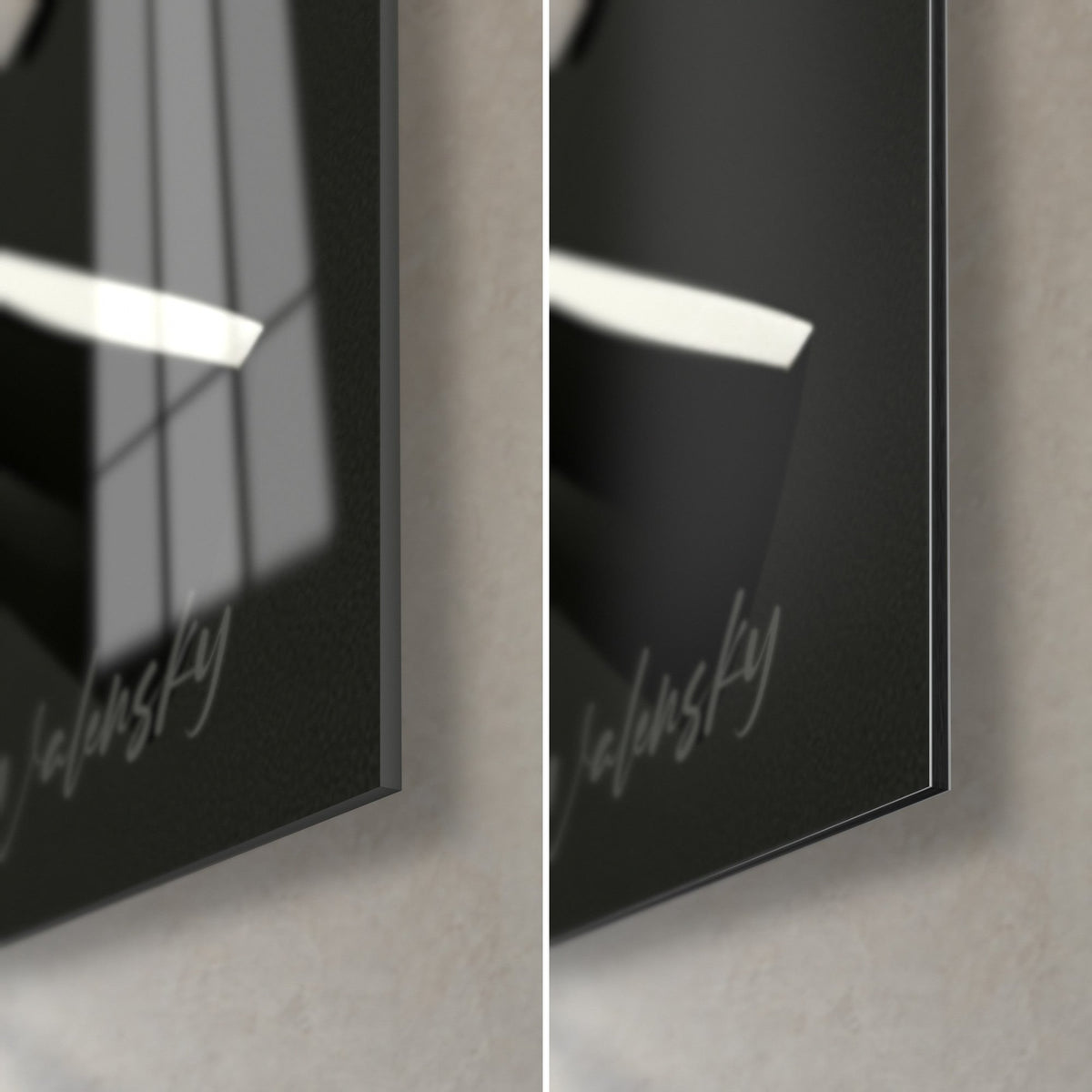 Cuadro bateador de cricket, esquina inferior derecha: cristal acrílico negro brillante a la izquierda, aluminio Dibond gris mate a la derecha, canto de 3 mm visible