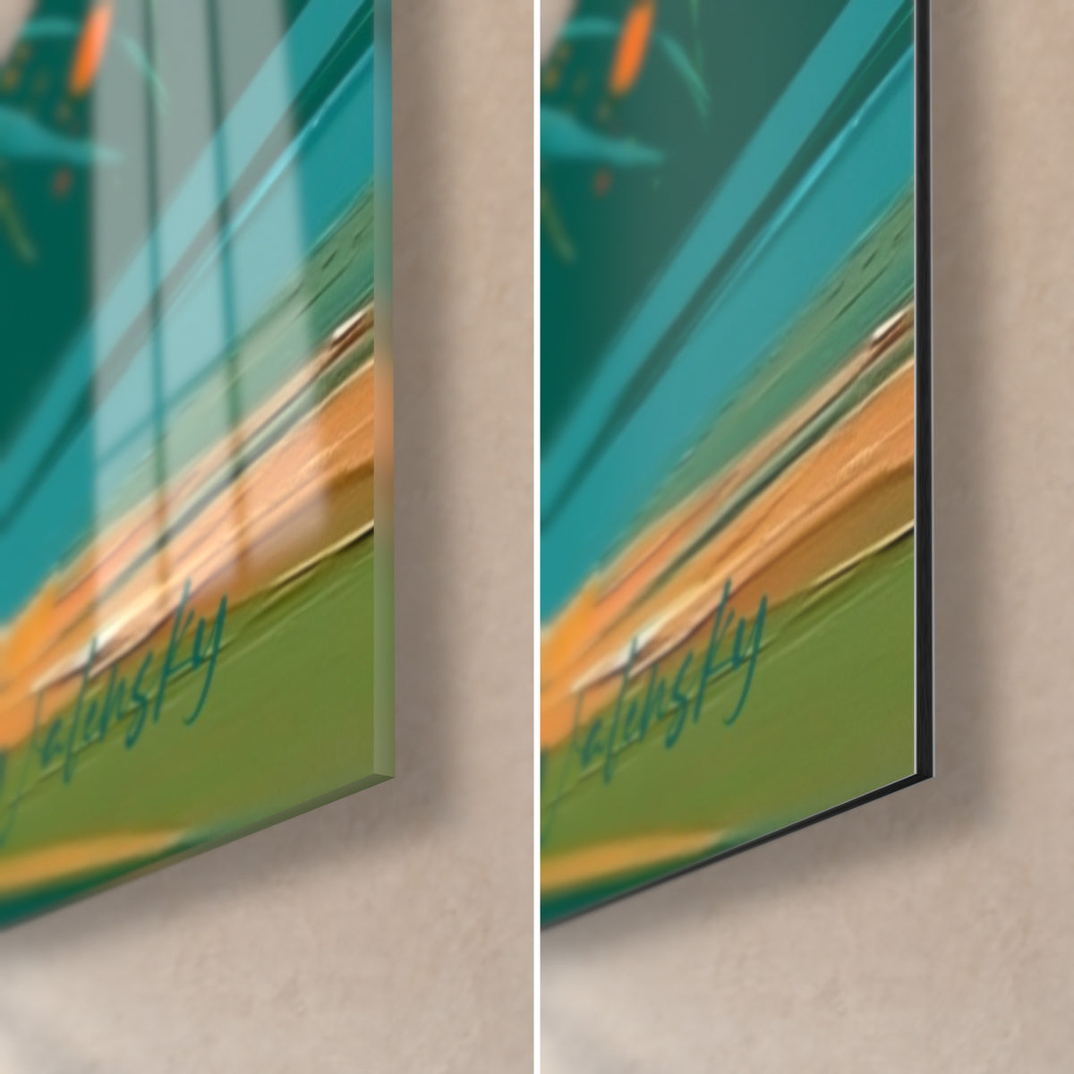 Schilderij knielende cricketspeler, rechtsonder: glanzend acrylglas links, mat Dibond rechts, 3 mm dik, groen en oranje