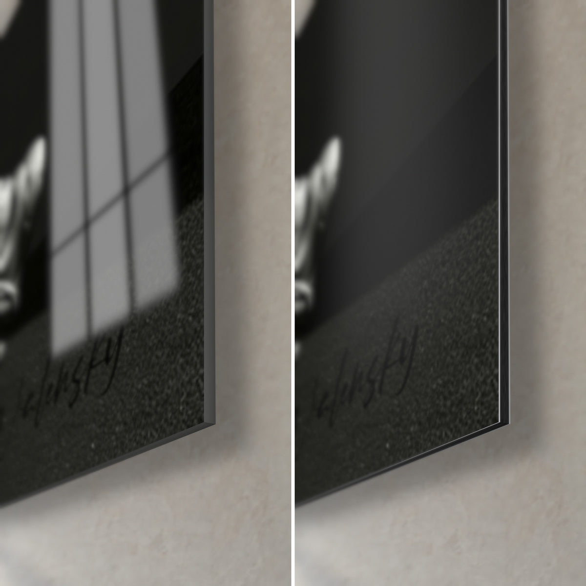 Schilderij van een batsman midden in de slag, rechterondergrond: glanzend zwart acrylglas links, mat korrelig Dibond-aluminium rechts, dunne rand