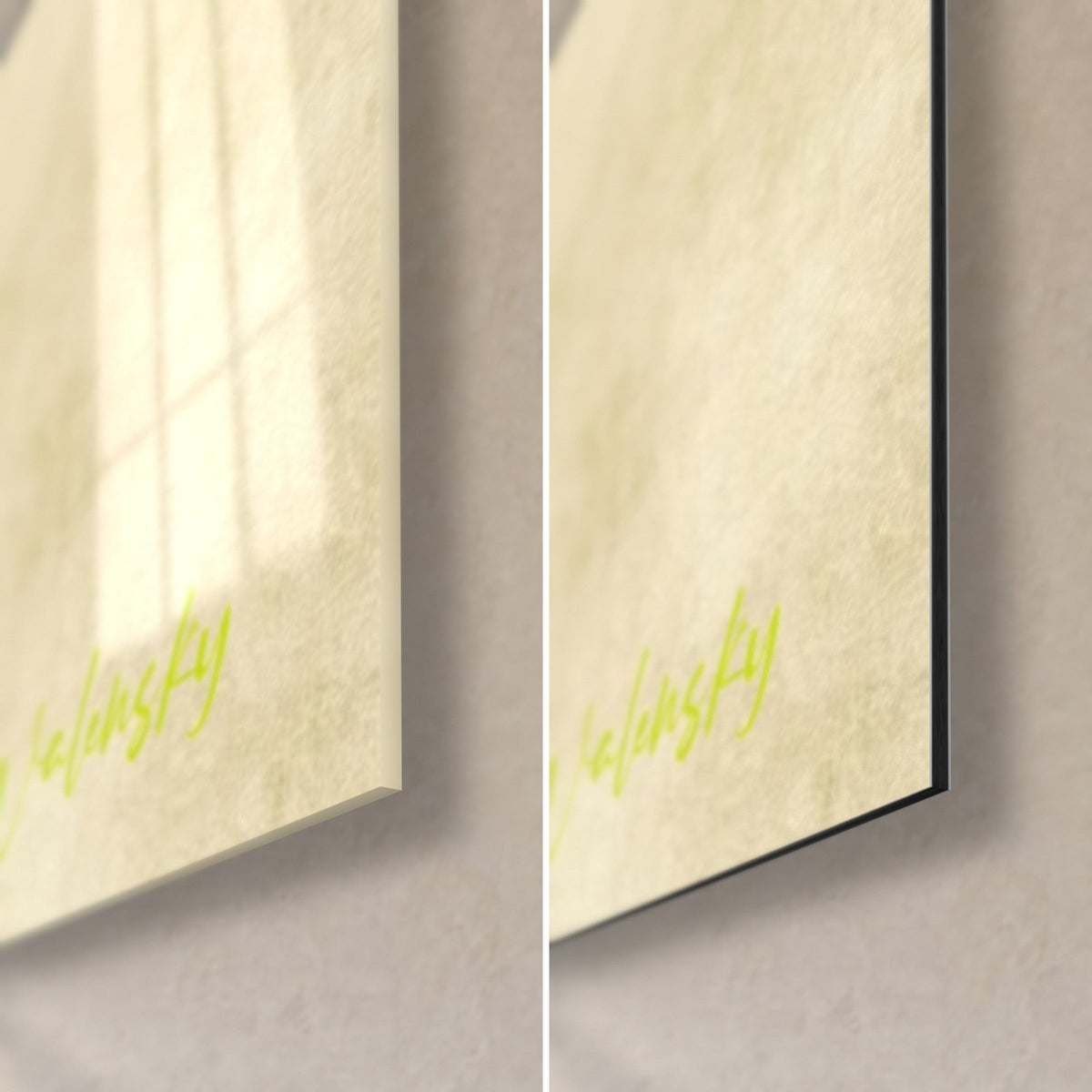 Gemälde eines behelmten Schlagmanns, Signatur in Giftgrün, untere rechte Ecke: glänzendes Acrylglas mit Spiegelung des Fensters, mattschwarzes Dibond, 3 mm Kante