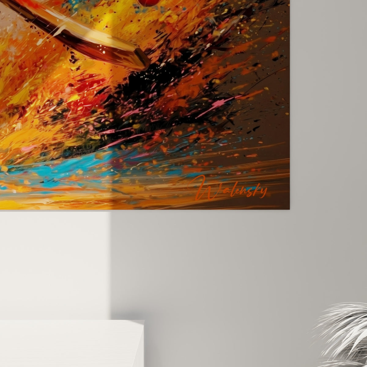 Empâtements de peinture orange et rose visibles de près, coulures et grain texturé sur ce tableau cricket accroché