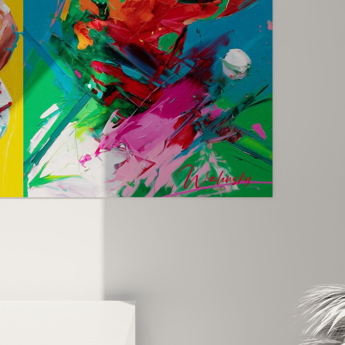 Empâtements rouges et jaunes du panneau central, coulures et grain de peinture visibles sur la toile cricket